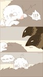 !!? age_difference anthro avian bird black_body black_feathers comic dialogue digital_media_(artwork) feathers female grey_body grey_feathers hi_res lari male motion_lines pegu2726 procellariiform simple_background skua sniffing thought_bubble white_body white_feathers wings worried young younger_female