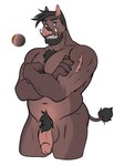 2020 adam_(equinoxirokitsune) anthro arm_scar balls belly biceps black_hair body_hair brown_eyes butt chest_hair chest_tuft crossed_arms ear_piercing facial_hair genitals goatee grin hair hi_res humanoid_genitalia humanoid_penis joojoo looking_at_viewer male mammal manly mature_male musclegut muscular muscular_arms muscular_thighs navel pecs penis piercing pubes scar shoulder_scar simple_background slightly_chubby smile smiling_at_viewer solo standing suid suina sus_(pig) triceps tuft tusks white_background wild_boar