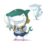 1:1 anthro bottomwear clothing divina_online fish footwear happy low_res marine melee_weapon pirate pirate_shark_(character) shark shirt shoes shorts simple_background smile solo standing sword teeth topwear unknown_artist weapon what white_background