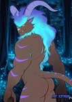 anthro athletic athletic_anthro athletic_male blazehowl blazehowl_noct blush butt digital_media_(artwork) fingers forest fur hair hi_res horn humanoid_hands looking_at_viewer male mammal mrkatman night nude outside pal_(species) palworld plant pocketpair sharp_teeth smile solo tail teeth tree