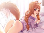 accessory animal_humanoid bedding blush bottomless braided_hair brown_hair brush butt canid canid_humanoid canine canine_humanoid censor_removal_edit clothed clothing comb_(brush) fangs female genitals hair hair_accessory hairbrush holding_brush holding_comb holding_hairbrush holding_object holo_(spice_and_wolf) humanoid kanzashi kawakami_rokkaku kushi_comb looking_at_viewer mammal mammal_humanoid open_mouth presenting presenting_pussy pussy raised_tail red_eyes side_comb simple_background smile solo spice_and_wolf tail teeth third-party_edit wolf_humanoid wolf_tail