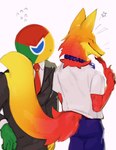 absurd_res anthro bodily_fluids canid canine claws clothed clothing countershade_face countershade_fur countershading duo finger_claws firefox flying_sweatdrops for_a_head fox fur google google_chrome hi_res humanoid kogito living_logo male mammal mozilla mozilla_firefox_(character) object_head orange_body orange_fur smile snout suit sweat sweatdrop tail whiskers yellow_body yellow_countershading