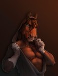 2021 abs anthro blue_eyes brown_body brown_fur clothing conditional_dnp digital_media_(artwork) equid equine fingers fur ganachethehorse hair half-length_portrait hi_res holding_clothing holding_object hoodie horse long_hair looking_at_viewer male mammal markings muscular muscular_anthro muscular_male open_mouth pecs portrait simple_background solo teeth tgt1512 topwear white_hands