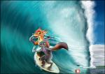 anthro bikini canid canine clothed clothing dipstick_ears dipstick_tail disney duo ear_markings female fox green_eyes hi_res judy_hopps lagomorph leporid link6432 male mammal markings multicolored_ears multicolored_tail nick_wilde purple_eyes rabbit red_fox sea surfboard surfing swimming_trunks swimwear tail tail_markings teeth true_fox two-piece_swimsuit vehicle water watercraft wave zootopia