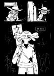 afuckingcamel-zenge-art_(artist) anthro black_and_white chucklefish comic esther_bright hi_res human hylotl kenta_(afuckingcamel) male mammal melee_weapon monochrome starbound sword sword_sheath weapon