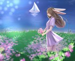 anthro blush boat bottomwear clothed clothing dress eyes_closed female flower fur garden grass grey_hair hair lagomorph lake leporid light long_hair mammal mieri_(yourumi) moonlight night plant purple_bottomwear purple_clothing purple_dress purple_skirt rabbit river sailing_boat sailing_watercraft sea seaside skirt smile solo vehicle water watercraft white_body white_fur yourumi