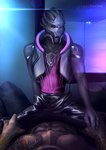 absurd_res alien bioware bottom_on_top bottomwear clothing duo electronic_arts first_person_view hands_touching hi_res kolt_(kol07) leather leather_bottomwear leather_clothing leather_pants leg_grab male male/male markings mass_effect mecharoar on_lap pants sitting_on_lap tattoo turian