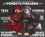 anthro armor assault_rifle body_armor bulge canid canine canis clothed clothing collar collar_tag collie cover crossdressing crouching digitigrade domestic_dog duo ear_piercing ear_ring english_text femboy fishnet_clothing fishnet_stockings fox gloves gun handgun handwear herding_dog hi_res kneeling latex latex_clothing latex_legwear legwear magazine_cover male mammal marcus_gray one_eye_closed pastoral_dog piercing pistol ranged_weapon rifle ring_piercing sheepdog shush silencer text underwear weapon wink