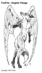 1997 4_toes animal_genitalia anthro back_wings balls biped canid canine feet fox foxen full-length_portrait fully_sheathed genitals greyscale looking_up male mammal monochrome muscular muscular_male nude portrait sheath solo tail toes traditional_media_(artwork) wings