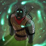 1:1 2021 anthro armor belt black_body black_fur buckle canid canine canis chainmail clothing digital_media_(artwork) domestic_dog fur glowing glowing_eyes grey_body grey_fur high-angle_view hyenaface hypnovember knight looking_up male mammal melee_weapon open_mouth partially_submerged shield shield_on_back shirt solo spaulder standing sword sword_on_back topwear tunic warrior weapon wisps