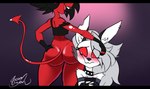 anthro black_bars black_hair bottom_heavy bottomless bottomless_female bottomless_humanoid canid canid_demon canine clothed clothed_anthro clothed_female clothed_humanoid clothing demon duo female female/female female_anthro female_humanoid fur grey_body grey_fur hair head_on_butt hellhound helluva_boss hi_res humanoid imp letterbox loona_(helluva_boss) mammal millie_(helluva_boss) multicolored_body multicolored_fur mythological_canine mythological_creature mythology open_mouth red_body red_sclera shirt size_difference small_dom_big_sub tail tank_top topwear two_tone_body two_tone_fur wavy_mouth wayesh white_body white_eyes white_fur