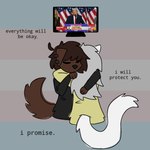 1:1 anthro ashblondekittyy brown_hair canid canine canis comforting comforting_another domestic_cat domestic_dog donald_trump duo ear_piercing electronics english_text eyes_closed felid feline felis female flag flag_background fur grey_hair hair hopeful hug hugging_another lgbt_pride long_hair long_sleeve_shirt male mammal photography_(artwork) piercing politics pride_colors real_world reassuring rex_(ashblondekittyy) short_hair television text trans_(lore) trans_man_(lore) trans_woman_(lore) transgender_pride_colors yuna_(ashblondekitty)