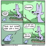 1:1 ac_stuart alternating_focus ambiguous_gender asking asking_another asking_what awoo_(ac_stuart) base_two_layout black_nose canid canine canis comic dialogue doing_it_wrong duo english_text eyebrows fangs feral fish four_frame_grid four_frame_image fur grass grid_layout holding_object holding_stick kevin_(ac_stuart) male_(lore) mammal marine noob_the_loser open_mouth plant question regular_grid_layout sitting species_in_dialogue speech_bubble stick talking_to_another teeth text two_row_layout url water wolf yes-no_question