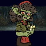 1:1 bunny75 clothed clothing curled_hair eyewear female glasses goblin green_body green_skin hair helltaker humanoid long_ears not_furry pandemonica_(helltaker) parody_character red_eyes solo waitress_uniform