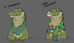 alligator alligatorid benji_(artist) benji_alligator_(benji) beverage big_eyes braces candy chocolate christmas christmas_lights cocaine cocaine_on_nose container crocodilian cup dessert drugs feral food hi_res holidays hot_chocolate male merr_chrismas reptile scalie scarf semi-anthro smile solo