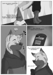 anthro blackmailz canid canine canis cellphone clothing comic dessert dialogue digitigrade domestic_dog electronics english_text flip_phone food fur gray_(blackmailz) greyscale hi_res ice_cream male mammal monochrome phone profanity tail text