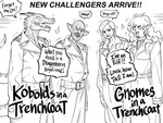 4:3 absurd_res anthro baalbuddy black_and_white clothed clothing coat english_text eyebrows female gnome goblin greyscale group hair halfling hi_res horn humanoid humanoid_pointy_ears humor kobold male monochrome open_mouth open_smile pointy_ears scalie sharp_teeth smile tail teeth text topwear trenchcoat