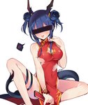 2020 animal_humanoid arknights asian_clothing blue_hair blush_symbol breasts cary_(artist) censor_bar censored censored_face chen_(arknights) chinese_clothing chinese_dress clothed clothing dragon dragon_humanoid dress east_asian_clothing female hair hi_res horn humanoid hypergryph iconography mythological_creature mythological_scalie mythology obscured_eyes polygonal_speech_bubble scalie simple_background sitting solo speech_bubble studio_montagne tail tongue tongue_out white_background