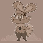 2024 acstlu anthro blush brown_background brown_body brown_eyes brown_fur button_(fastener) dust dust_bunny facial_tuft female fur happy hi_res lagomorph leporid looking_at_viewer mammal neck_tuft outline rabbit simple_background solo tail tail_tuft tuft white_outline