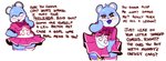 animal_crossing anthro bear blue_body blue_fur blush blush_stickers clothed clothing comic dialogue english_text female fur hand_under_clothing hi_res insult insulting_viewer judy_(animal_crossing) legwear looking_at_viewer mammal neck_bow nintendo rude solo sparkles sparkling_eyes stockings submarine_screw talking_to_viewer text