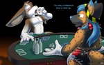 anthro beverage blue_hair blush butt canid canine catmonkshiro clean_diaper clothed clothing dialogue diaper diaper_only drinking duo embarrassed english_text fox hair hybrid hyena hyox lagomorph laxative leporid male mammal markings omorashi pantsless poker poker_table rabbit smug spots spotted_body text tokky topless wearing_diaper