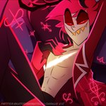 1:1 alastor_(hazbin_hotel) bedroom_eyes clothed clothing deer demon hazbin_hotel katorishimatsu looking_at_viewer male mammal muscular muscular_male narrowed_eyes open_clothing open_shirt open_topwear red_eyes seductive sharp_teeth shirt solo teeth topwear