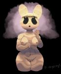 5:6 alpha_channel animal_crossing animate_inanimate anthro black_eyes blush bodily_fluids breasts coco_(animal_crossing) empty_eyes english_text female flustered genitals gyroid hi_res lagomorph leporid mammal nintendo nipples noseless nude pussy rabbit simple_background solo surprise sweat text thebonezonedeluxe