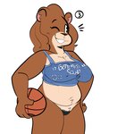 2019 anthro ball basketball_(ball) bear brown_body brown_fur brown_hair clothed clothing crop_top electricplasmid female fur grin hair hand_on_hip happy hi_res mammal one_eye_closed petunia_(gabbah) portrait shirt smile solo standing thong three-quarter_portrait topwear underwear wink