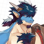 1:1 absurd_res anothereidos_of_dragon_vein_r anthro blue_body blue_hair blue_scales body_hair chest_hair dragon ear_piercing ear_ring facial_hair folker_(anothereidos_r) goatee hagio_graphy hair hi_res horn male mythological_creature mythological_scalie mythology pecs piercing ponytail ring_piercing scales scalie sideburns solo tan_body tan_scales