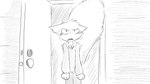 16:9 animal_crossing anthro biped bodily_fluids buckteeth clothed clothing crying dialogue_in_description door doorknob dragonweirdo ears_aside front_view fur hi_res looking_at_viewer male mammal marshal_(animal_crossing) monochrome nintendo open_mouth puffed_tail rodent sciurid solo story story_in_description tail tears teeth tree_squirrel widescreen