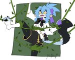 absurd_res anthro blue_body blue_hair clothed clothing fully_clothed hair haplorhine hi_res humanoid leaf long_tail male mammal monkey nebula_stellas panicking plant primate purple_ribbon sinfrou solo stuck tail vines yellow_eyes