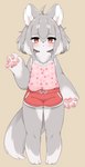 2022 3_toes 4_fingers ahoge anthro barefoot big_hands biped blush bottomwear canid canine canis chest_tuft chisa_(nuk_sun) clothed clothing digital_media_(artwork) eyebrow_through_hair eyebrows feet female female_anthro fingers flat_chested fluffy full-length_portrait fur gesture grey_body grey_fur hair kemono looking_at_viewer mammal multicolored_body multicolored_fur multicolored_hair multicolored_tail nuk_sun pawpads paws portrait red_eyes shirt short_hair shorts silver_hair simple_background solo standing tail tank_top thick_arms thick_calves thick_eyebrows toes topwear translucent translucent_hair tuft two_tone_body two_tone_fur two_tone_tail waving waving_at_viewer white_body white_fur white_hair wolf young young_anthro young_female