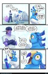 5_fingers anthro avian beak biped bird blue_body bmbrice bottomwear clothed clothing colored comic dialogue dialogue_box duo english_text fingers hair hi_res humanoid male open_mouth oz_(supercell) pants purple_body purple_hair shirt speech_bubble supercell_(comic) tazho_zhaze text topwear url yellow_eyes zeikauko