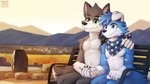 16:9 2019 anthro arm_around_neck arm_tuft artist_name bench bery blue_body blue_eyes blue_fur blue_hair blue_kerchief blue_neckerchief canid canine canis cheek_tuft closed_smile detailed_background digital_media_(artwork) digital_painting_(artwork) domestic_dog duo elbow_tuft eye_scar facial_scar facial_tuft fur glistening glistening_eyes green_eyes grey_body grey_fur hair hand_holding head_tuft kerchief kerchief_only kuttoyaki male mammal mostly_nude mouth_closed narrowed_eyes neckerchief neckerchief_only neckwear nude on_bench outside rock scar shaded shoulder_tuft sitting sitting_on_bench smile tuft white_body white_fur widescreen