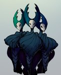 2023 2_horns arthropod big_breasts black_eyes black_legs blue_horn breasts clothed clothing digital_media_(artwork) female group hi_res hollow_knight horn huge_breasts insect mantis mantis_lord_(hollow_knight) mouthless noseless simple_background standing team_cherry thick_thighs trio wide_hips wolflance