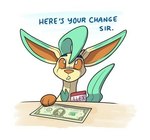 after_transformation animate_inanimate cashier eeveelution english_text fabric feral generation_4_pokemon inanimorphs leafeon living_plushie low_res male money name_tag nintendo plushie pokemon pokemon_(species) seam_(sewing) shopping simple_background solo text white_background