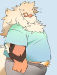 2024 3:4 anthro anthrofied arcanine belly black_nose bottomwear clothing eyes_closed generation_1_pokemon hi_res inunoshippo kemono male nintendo overweight overweight_male pokemon pokemon_(species) shorts simple_background solo