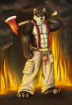 abs anthro athletic axe barefoot biceps big_muscles biped black_body black_fur black_hair black_nose blue_eyes bottomwear braces canid canine canis cargo_pants clothed clothing digital_media_(artwork) feet fire fire_axe firefighter front_view full-length_portrait fur genitals grey_body grey_fur grin hair half-erect hatchet humanoid_genitalia humanoid_penis looking_at_viewer male mammal melee_weapon muscular muscular_anthro muscular_male pants pecs penis penis_poking_out penis_through_fly portrait pose presenting smile smoke solo standing suspenders topless turnout_gear uniform unknown_artist weapon wolf