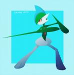 2013 ambiguous_gender eyelashes gallade generation_4_pokemon green_body green_skin humanoid long_legs nintendo not_furry pokemon pokemon_(species) red_eyes slim solo thick_calves thin_thighs tinhan white_body white_skin wide_hips