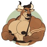 2_horns anthro big_moobs big_muscles big_pecs bovid bovine brown_body brown_facial_hair brown_fur brown_hair brown_nipples cattle clothing ear_piercing facial_hair facial_piercing fur goatee green_eyes hair hi_res horn huge_muscles looking_at_viewer male mammal moobs mostly_nude muscular muscular_anthro muscular_male nandarazzi navel nipple_piercing nipples nose_piercing pecs piercing shirt solo tan_body tan_fur tank_top topwear