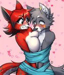 2018 abluedeer anthro bdsm black_nose blue_eyes blush bondage bound bound_together breast_squish breasts canid canine cobondage digital_media_(artwork) domestic_cat duo felid feline felis female fox fur grey_body grey_fur heart_symbol hi_res looking_at_breasts male male/female mammal mirissa_(colonelcraft) red_body red_fur shaded solace_(colonelcraft) squish yellow_eyes