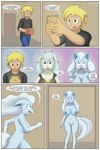 2:3 absurd_res alolan_form alolan_ninetales anthro anthrofied areola big_breasts blonde_hair blue_areola blue_body blue_fur blue_nipples blush breast_growth breasts clothing colored comic decourem dialogue digital_media_(artwork) ear_transformation english_text female female_pov first_person_view fur gender_transformation generation_7_pokemon genitals growth hair hi_res human human_to_anthro long_hair looking_at_mirror looking_at_object looking_at_reflection male mammal mirror mtf_transformation nintendo nipples nude pokemon pokemon_(species) pokemon_card pokemon_transformation pokemorph regional_form_(pokemon) running shocked snout snout_growth solo species_transformation speech_bubble surprised_expression tail text torn_clothing transformation transformation_pov transformation_sequence verbal_reaction_to_tf