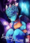 2018 ambiguous_gender anonymous_artist anthro biped blue_body blue_scales carrying_another carrying_partner clothed clothing collar comic cover cover_art cover_page duo english_text eyes_closed female horn kobold raining reptile scales scalie text unknown_species zuka_(fragile_findings)