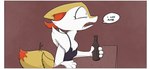 2018 alcohol anthro beverage border braixen clothed clothing comic english_text female fur generation_6_pokemon lol_comments mammal nintendo open_mouth pokemon pokemon_(species) sharp_teeth shoutingisfun solo speech_bubble teeth text white_border