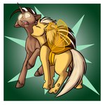 1:1 arthropod bite blonde_hair border brown_body brown_fur brown_hair changeling duo equid equine eyes_closed feral fetlocks foxenawolf friendship_is_magic frothy_brew fur glowing glowing_eyes goldfur's_cogsverse hair hasbro hole_(anatomy) hooves horn insect_wings male mammal my_little_pony mythological_creature mythological_equine mythology open_mouth tail unicorn white_border wings yellow_body