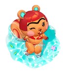 animal_crossing anthro bikini buckteeth chibi clothed clothing eyebrows female hair hazel_(animal_crossing) hi_res mammal navel nintendo one_eye_closed partially_submerged red_hair rodent sciurid sitting solo swimwear teeth tlmoyv_1 tree_squirrel two-piece_swimsuit unibrow water wink