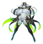 armor big_breasts black_armor black_cape black_clothing black_hair black_legwear black_panties black_thigh_highs black_underwear blue_nipples bodily_fluids breasts cape clothing cum cum_inflation cum_inside demon digital_media_(artwork) ear_piercing ear_ring female genital_fluids green_eyes grey_body grey_skin hair horn huge_breasts humanoid humanoid_pointy_ears inflation lactating legwear milk nipples not_furry ovvv panties piercing pregnant ring_piercing solo sweat taimanin_(series) thigh_highs underwear vaginal_fluids white_hair wisp_(taimanin_asagi)