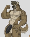 abs anthro balls biceps big_balls big_penis black_penis brown_body brown_fur claws fur genitals hair hi_res humanoid_genitalia humanoid_penis hyena male mammal markings muscular muscular_anthro muscular_male nipples nude pecs penis piercing simple_background solo spots spotted_body spotted_hyena tail tan_body tan_fur trystan_(dissimulated) vexedlupine