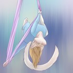 1:1 aerial_silk anthro barefoot blonde_hair clothed clothing domestic_cat eyes_closed feet felid feline felis female foxenawolf fur hair mammal pawpads pink_pawpads silk_dancing solo tail unitard white_body white_fur