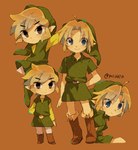 blonde_hair boots child clothing duo footwear hair humanoid humanoid_pointy_ears hylian light_body light_skin looking_at_viewer male multiple_poses nintendo not_furry ocarina_of_time pose shirt shoes signature simple_background square_crossover the_legend_of_zelda tokuura toon_link topwear tunic wind_waker young young_link